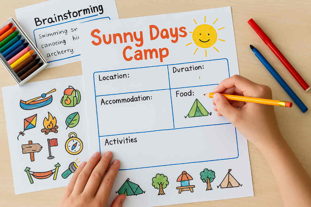 Niña diseñando un campamento de verano en inglés como parte de una actividad creativa para clase A2–B1