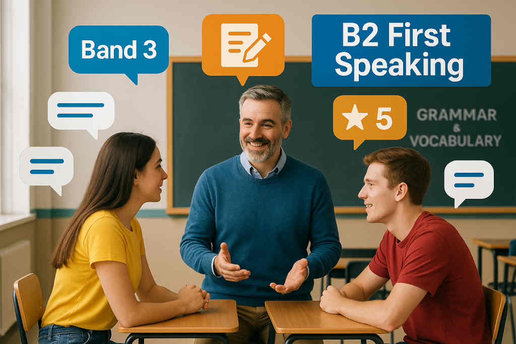 Dos estudiantes practican el Speaking del B2 First con un docente; burbujas muestran Band 3 y Band 5