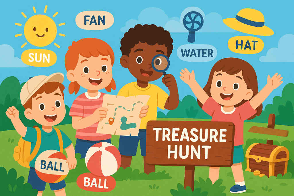 Niños realizando una búsqueda del tesoro en verano, con mapa, cofre y vocabulario en inglés — sun, hat, ball, water, fan