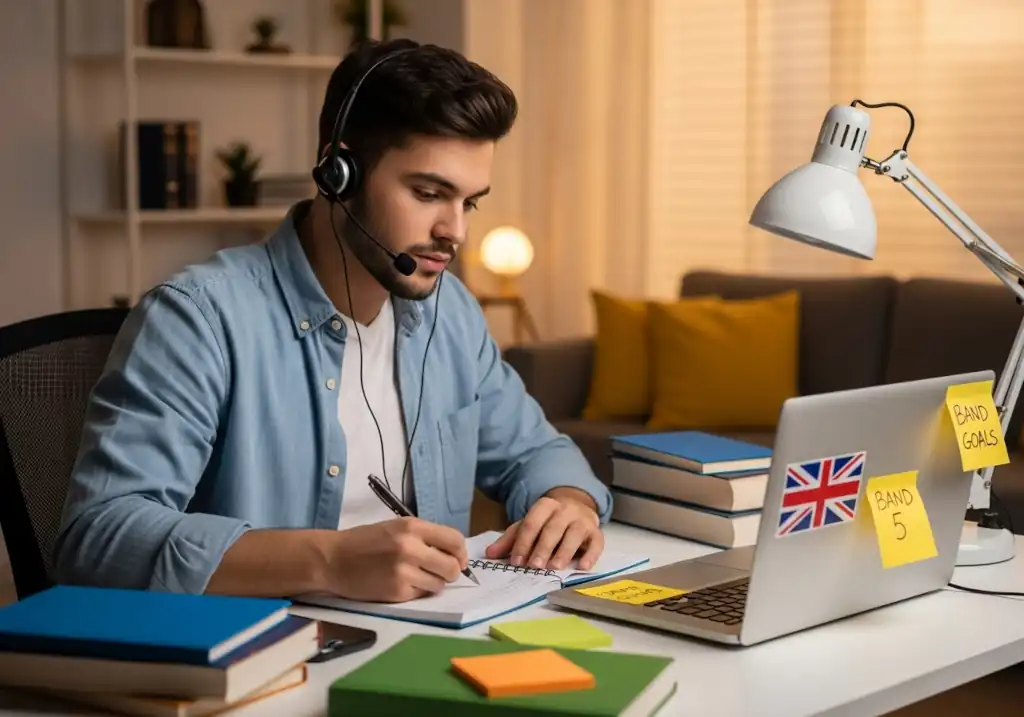 Estudiante concentrado practicando Speaking y Writing C1 Advanced con material de Cambridge