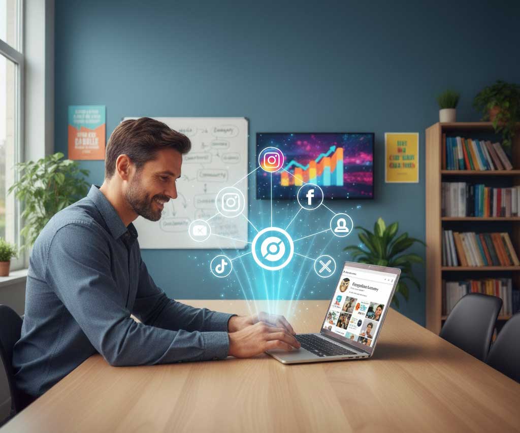 Profesor de academia de inglés gestionando las redes sociales desde su portatil