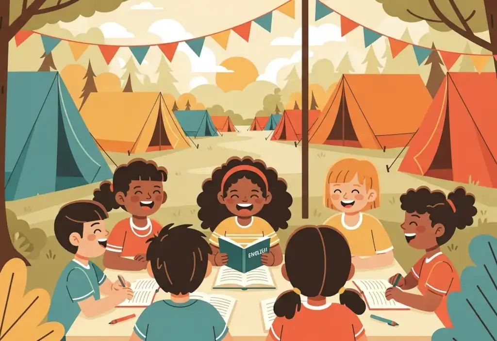 Grupo de niños sonrientes estudiando inglés alrededor de una mesa en un campamento de verano con tiendas de campaña
