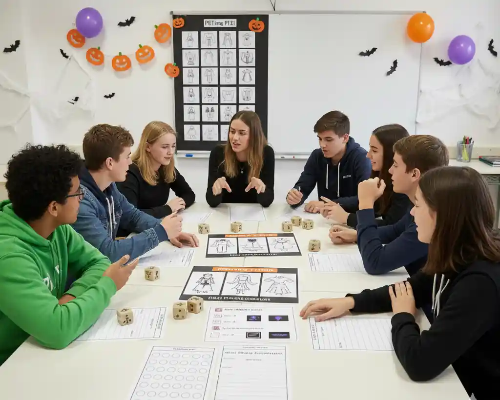 Alumnos B1 PET trabajando actividades de Halloween en clase de inglés.