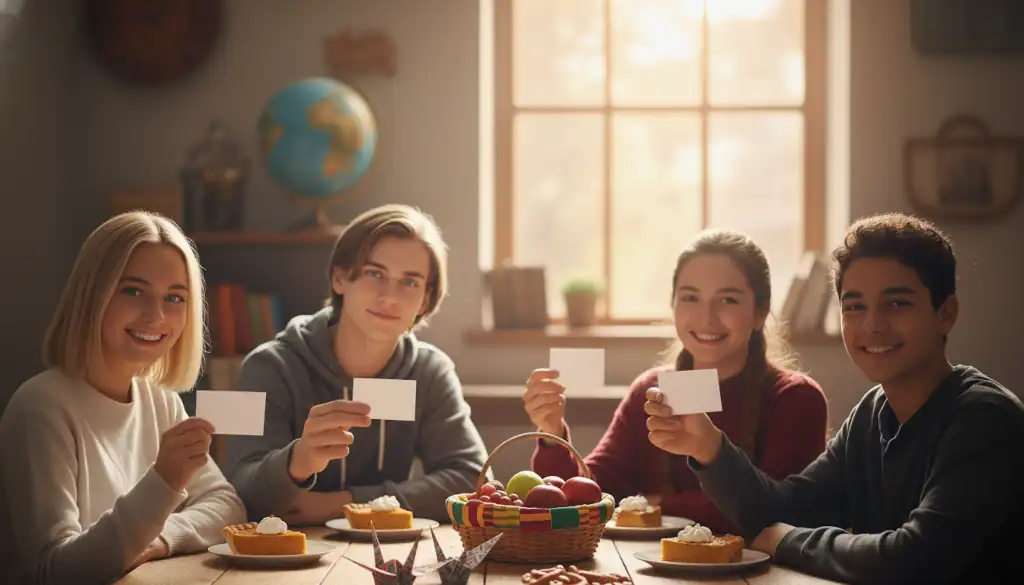 uatro adolescentes diversos en un aula luminosa de otoño sostienen tarjetas en blanco; en la mesa hay tarta de calabaza, grullas de origami, una pequeña cesta con fruta y pretzels; fondo con globo terráqueo desenfocado uatro adolescentes diversos en un aula luminosa de otoño sostienen tarjetas en blanco; en la mesa hay tarta de calabaza, grullas de origami, una pequeña cesta con fruta y pretzels; fondo con globo terráqueo desenfocado