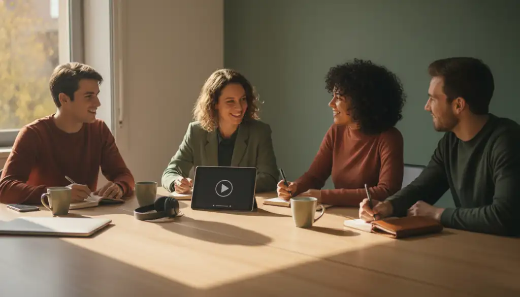 Aula de adultos (C1/C2) en España; estudiantes con cuadernos tipo diario y docente comentando una charla; ambiente cálido y profesional.