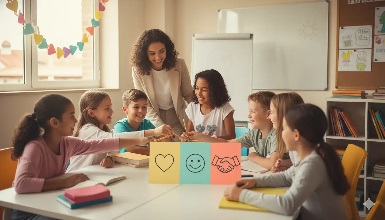 Niños y profesora en aula de inglés practicando gestos de amabilidad; tarjetas con iconos y cadena de corazones; luz natural.