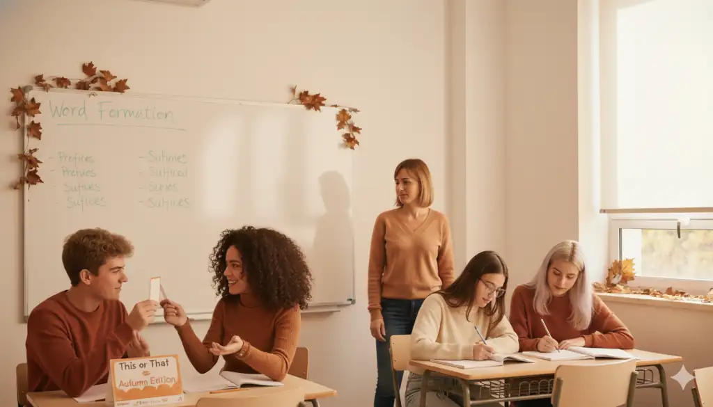 Aula B2 (Cambridge First) en España, estudiantes trabajando tarjetas de “This or That”, pizarra con morfemas (Word Formation) y cuadernos para Rephrasing; ambiente otoñal.