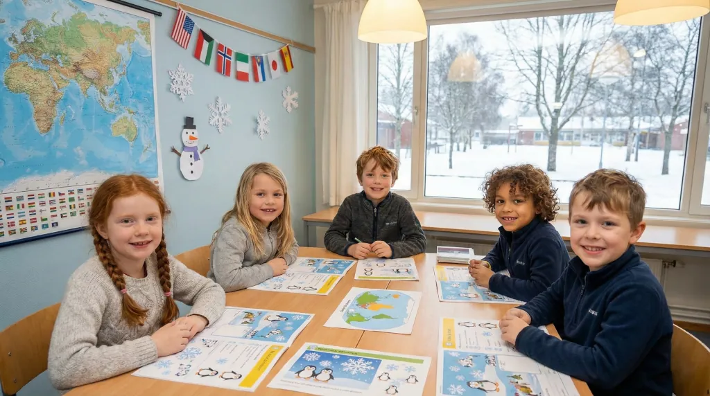 proyecto de invierno en inglés para niños en aula de primaria con mapa del mundo y actividades tipo Cambridge Starters