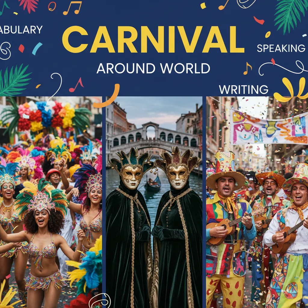 Collage de carnavales del mundo con máscaras de Venecia y desfiles de Río para actividades de inglés A2 B1
