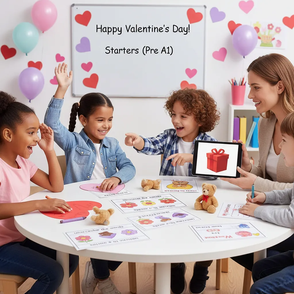 Niños en clase de inglés realizando actividades de San Valentín nivel Cambridge Starters (Pre A1)