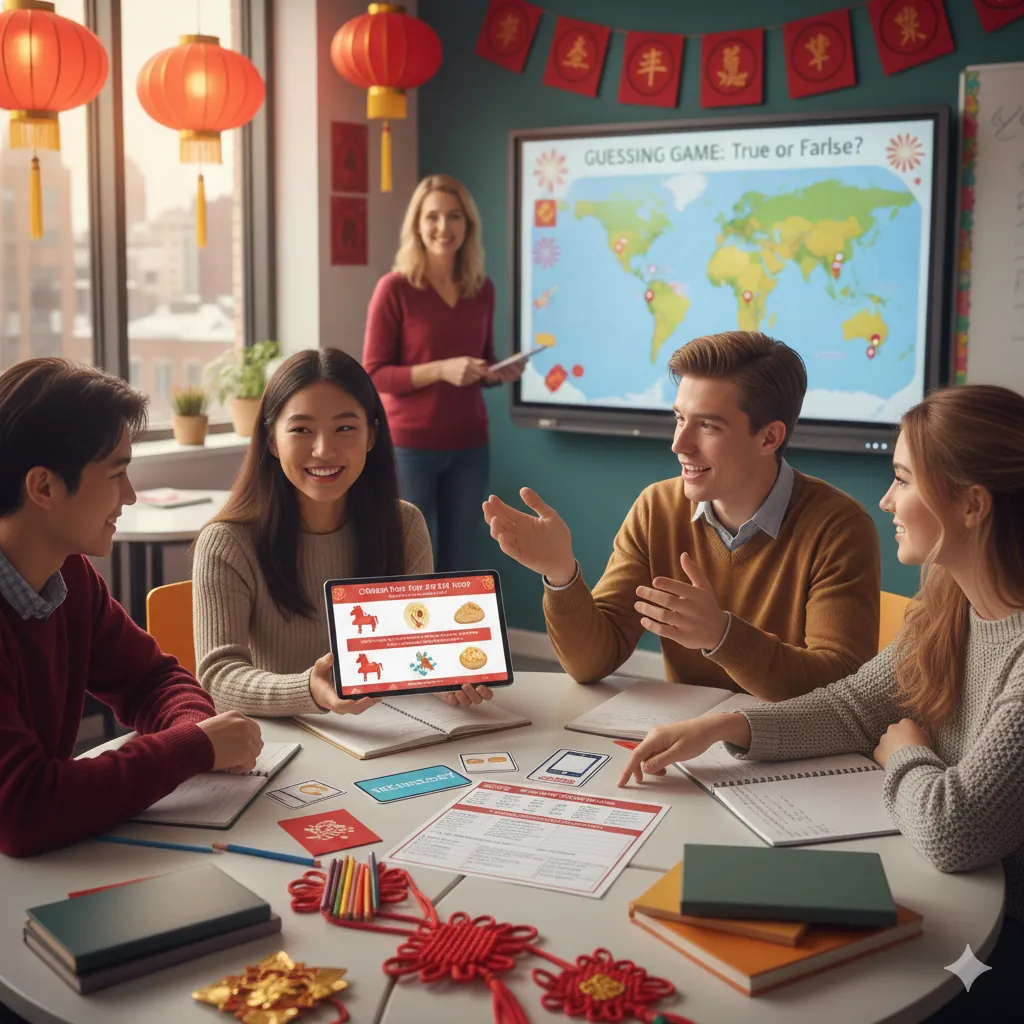 Estudiantes en clase de inglés preparando el examen B2 First con actividades sobre el Año Nuevo Chino y mapa mundial.