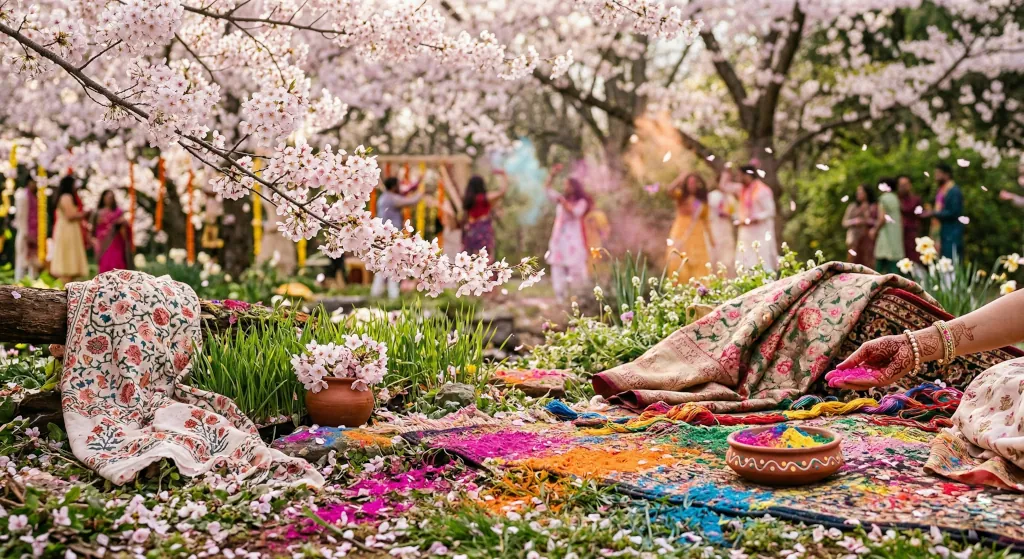 Composición artística de festivales de primavera con flores de cerezo y polvos Holi, representando el recurso gratuito de nivel C1 Advanced de CambridgeMB para profesores de inglés