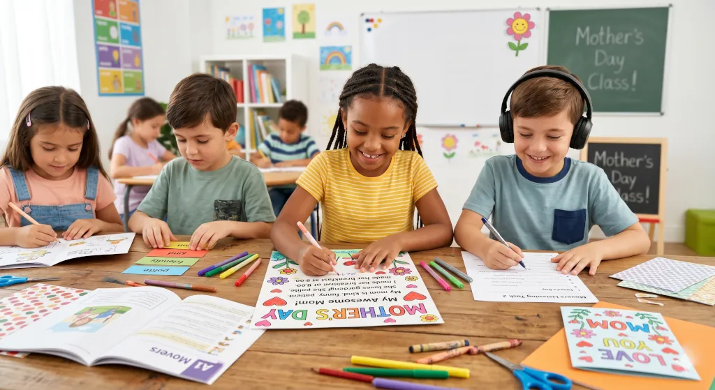Niños en clase de inglés preparando el examen A1 Movers de Cambridge con actividades creativas para el Mother's Day.
