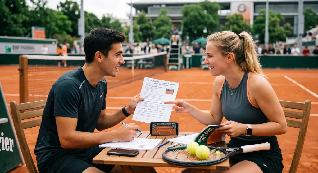 Dos alumnos de nivel B1 de inglés estudiando con material descargable sobre tenis y Roland Garros en una mesa al borde de una pista de tierra batida.