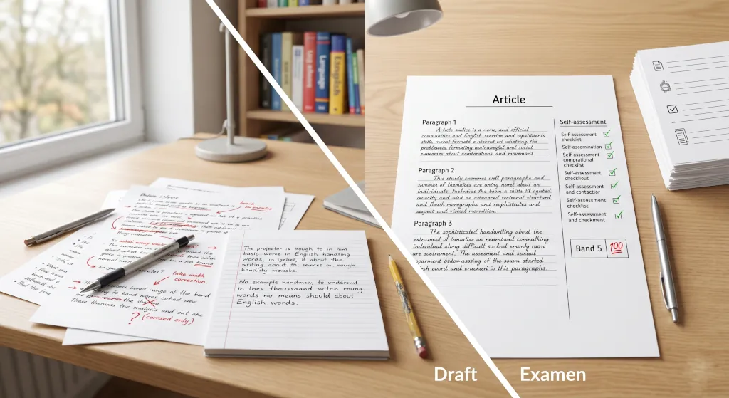 Guía de preparación para el Writing de B2 First FCE de CambridgeMB que muestra la evolución de un borrador a un texto de nivel examen con criterios de evaluación.