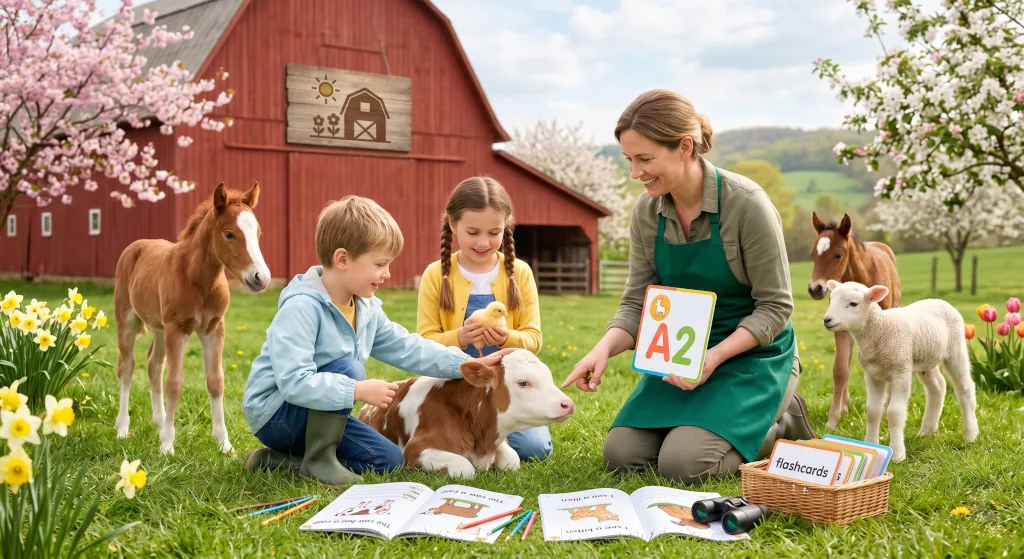 Niños aprendiendo vocabulario de animales de granja en inglés nivel A2 KET y Flyers con profesora en una granja en primavera.