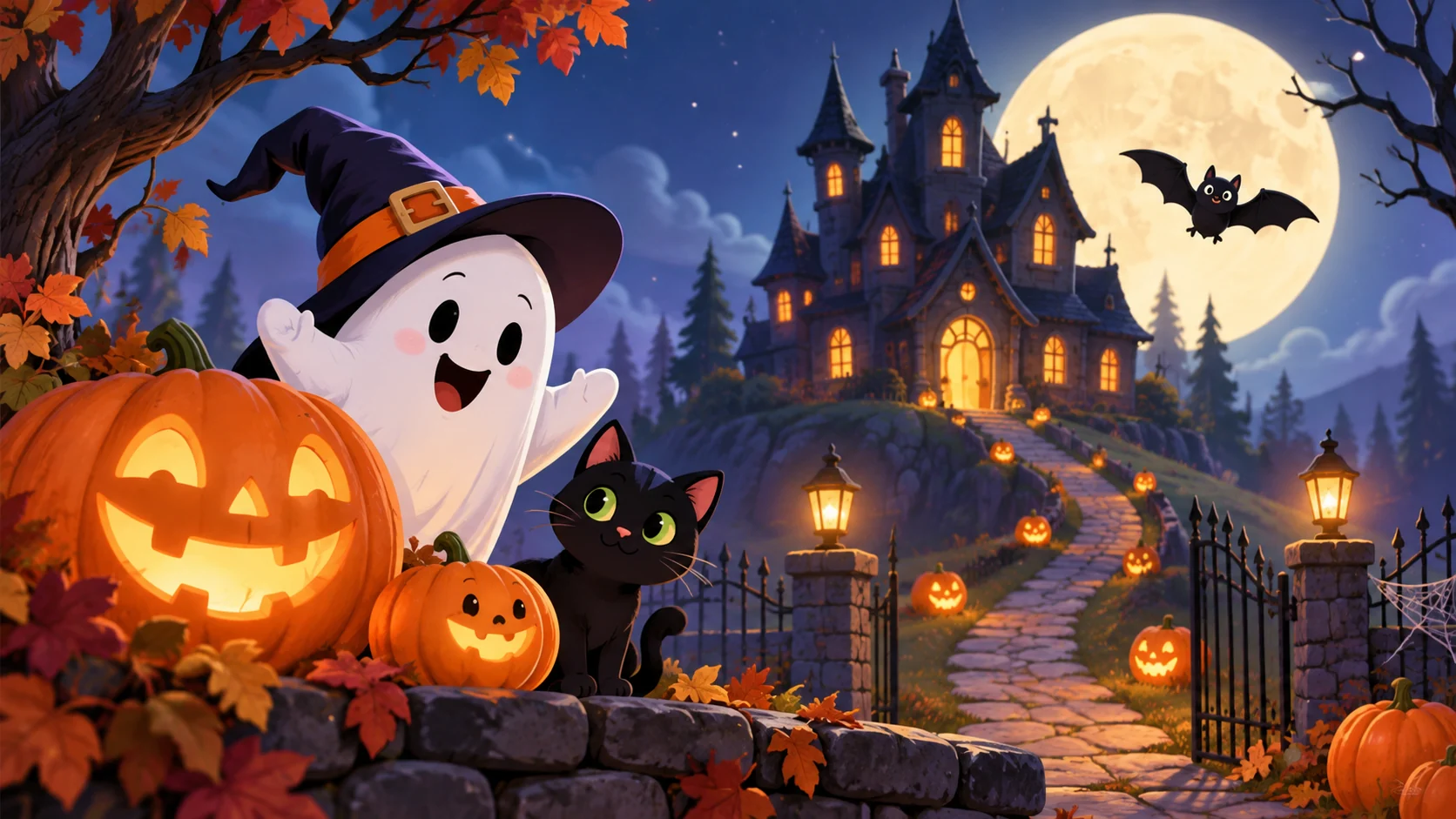All About Halloween: un recurso de inglés para trabajar Halloween en nivel Cambridge A2 Escena ilustrada de Halloween para un recurso de inglés Cambridge A2