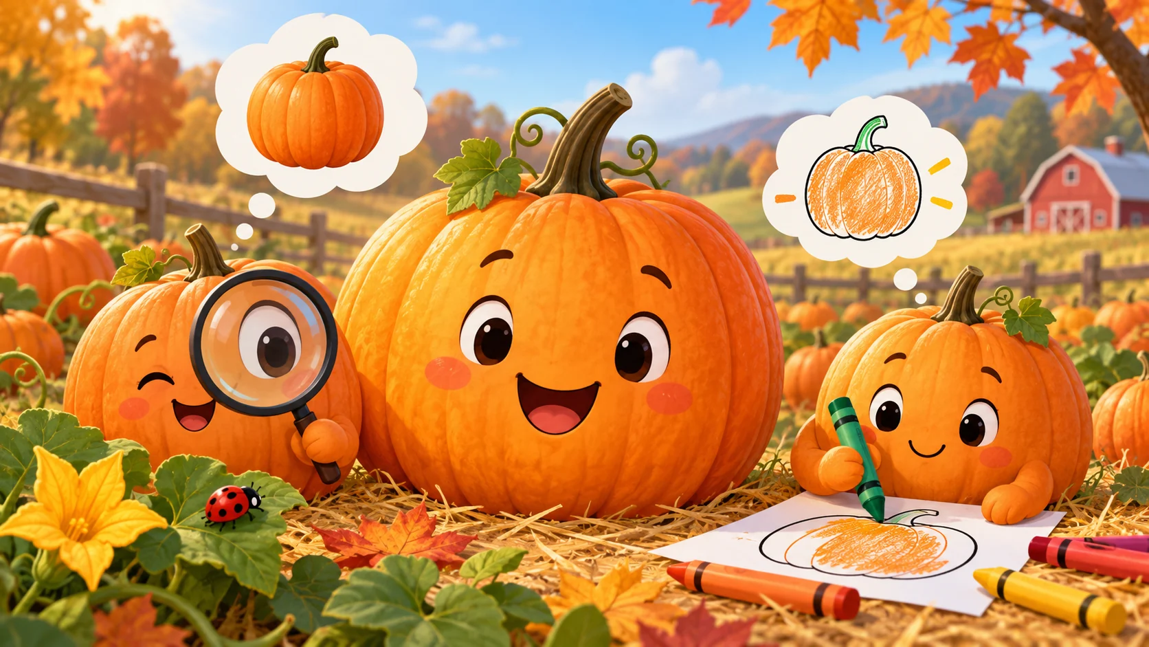 Calabazas en un huerto otoñal para una actividad de inglés Pre-A1