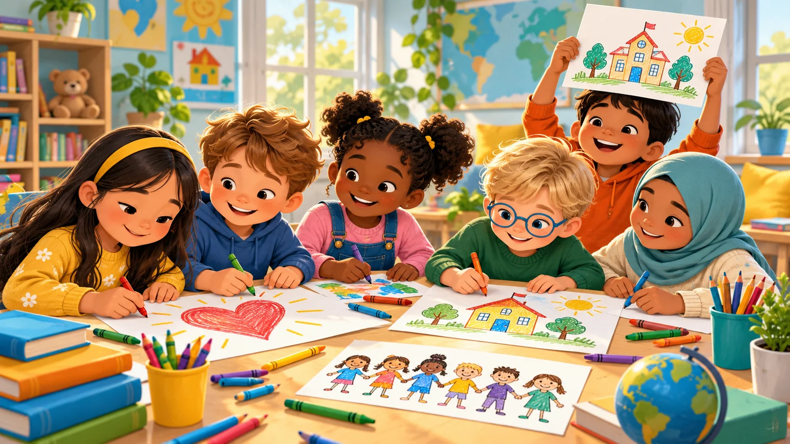 Niños dibujan juntos en clase para celebrar la amistad y el Día Universal del Niño en inglés A1 Movers