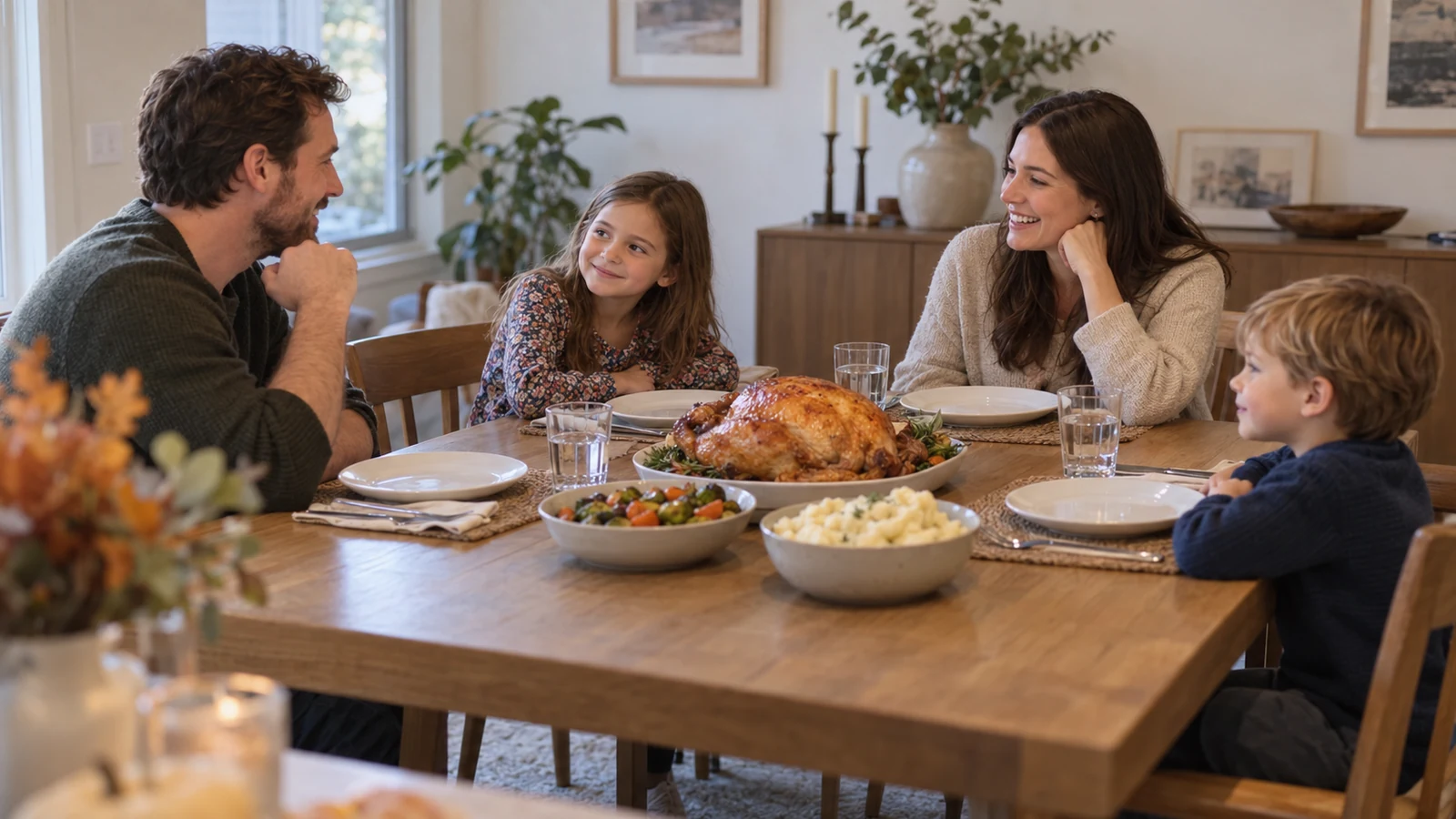Thanksgiving en clase de inglés: ¡descarga gratis nuestro worksheet B2 First y C1 Advanced! Padres e hijos pequeños comparten una cena de Thanksgiving en un hogar contemporáneo con la mesa ordenada